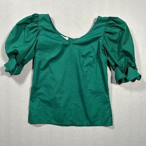 Vintage Call it Fancy Size 8 Emerald Green Puff Sleeve Ruffle Cuff V-Neck Blouse